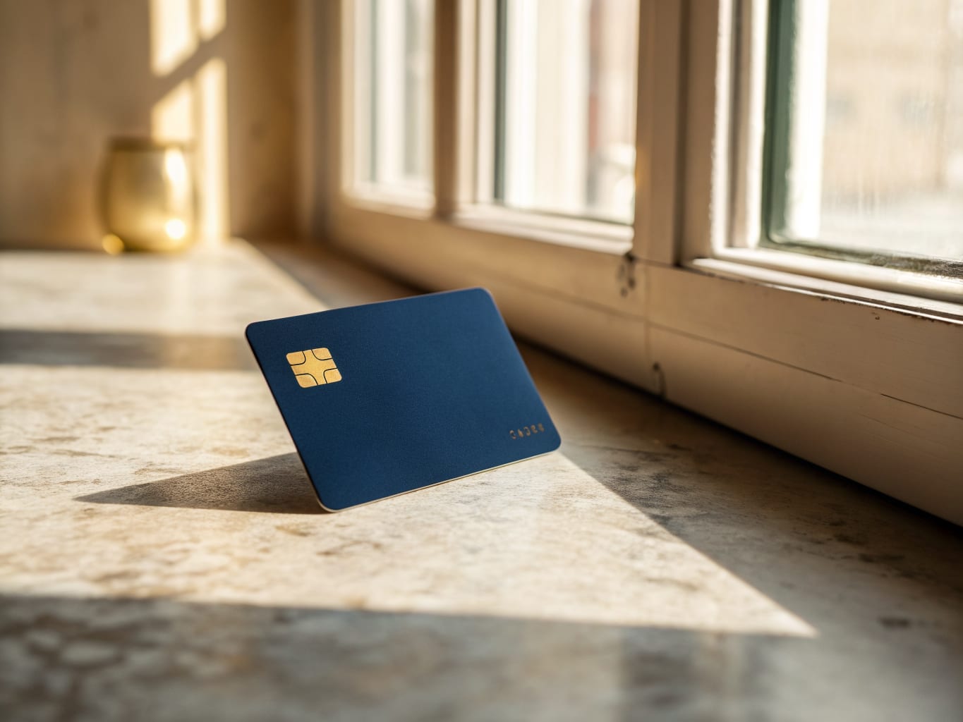 A plain navy payment card on a warm stone desk in low golden light