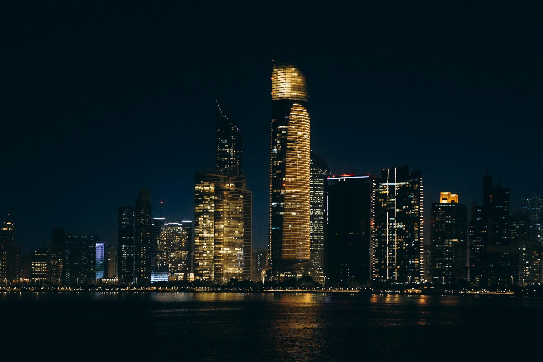 Abu Dhabi waterfront skyline at night