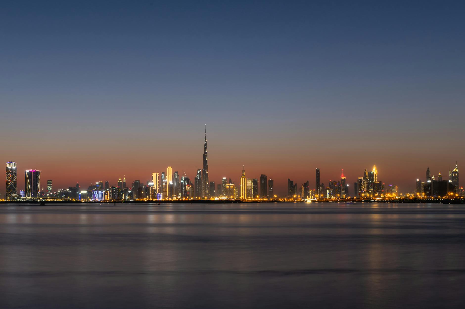 Downtown Dubai skyline with the Burj Khalifa at twilight