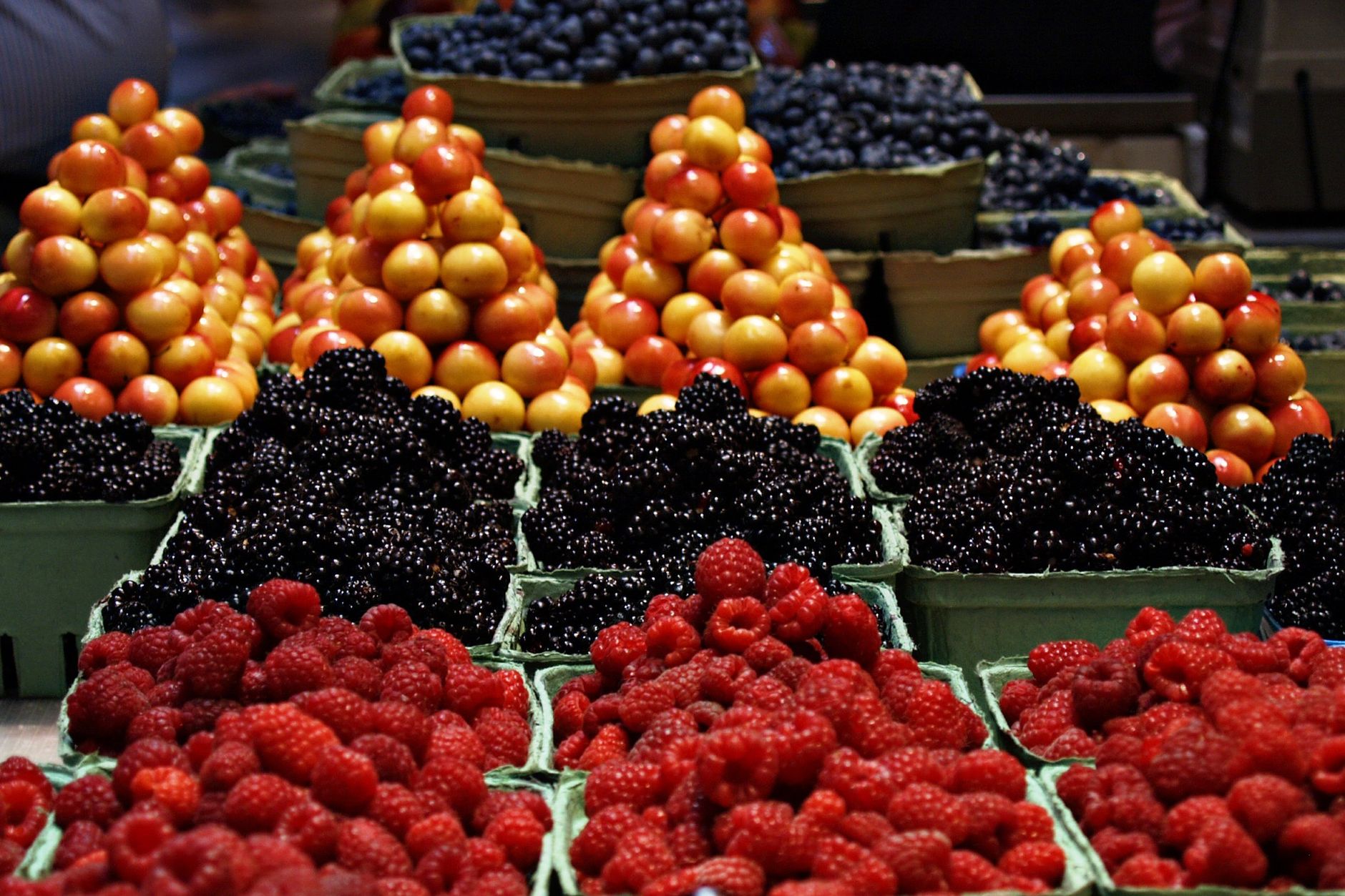 Close-up of fresh fruit and vegetables on a market stall