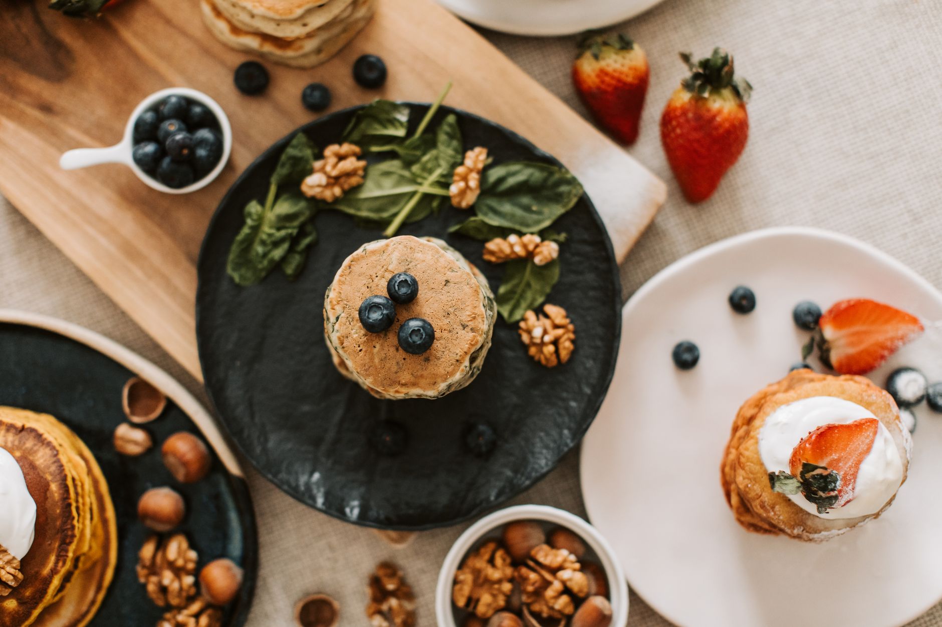 Brunch spread on a table photographed from above