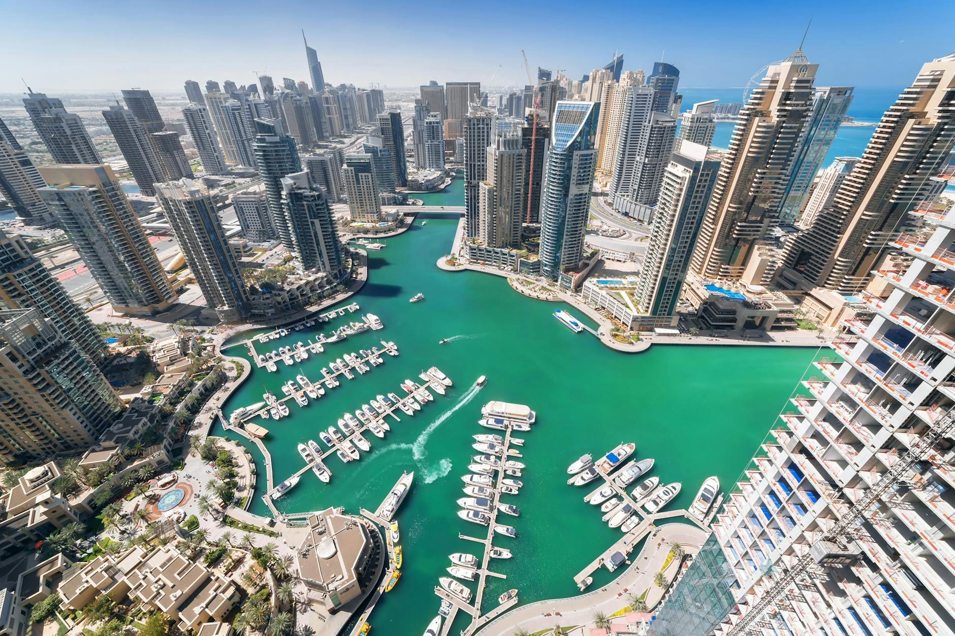 Aerial view of Dubai Marina at golden hour