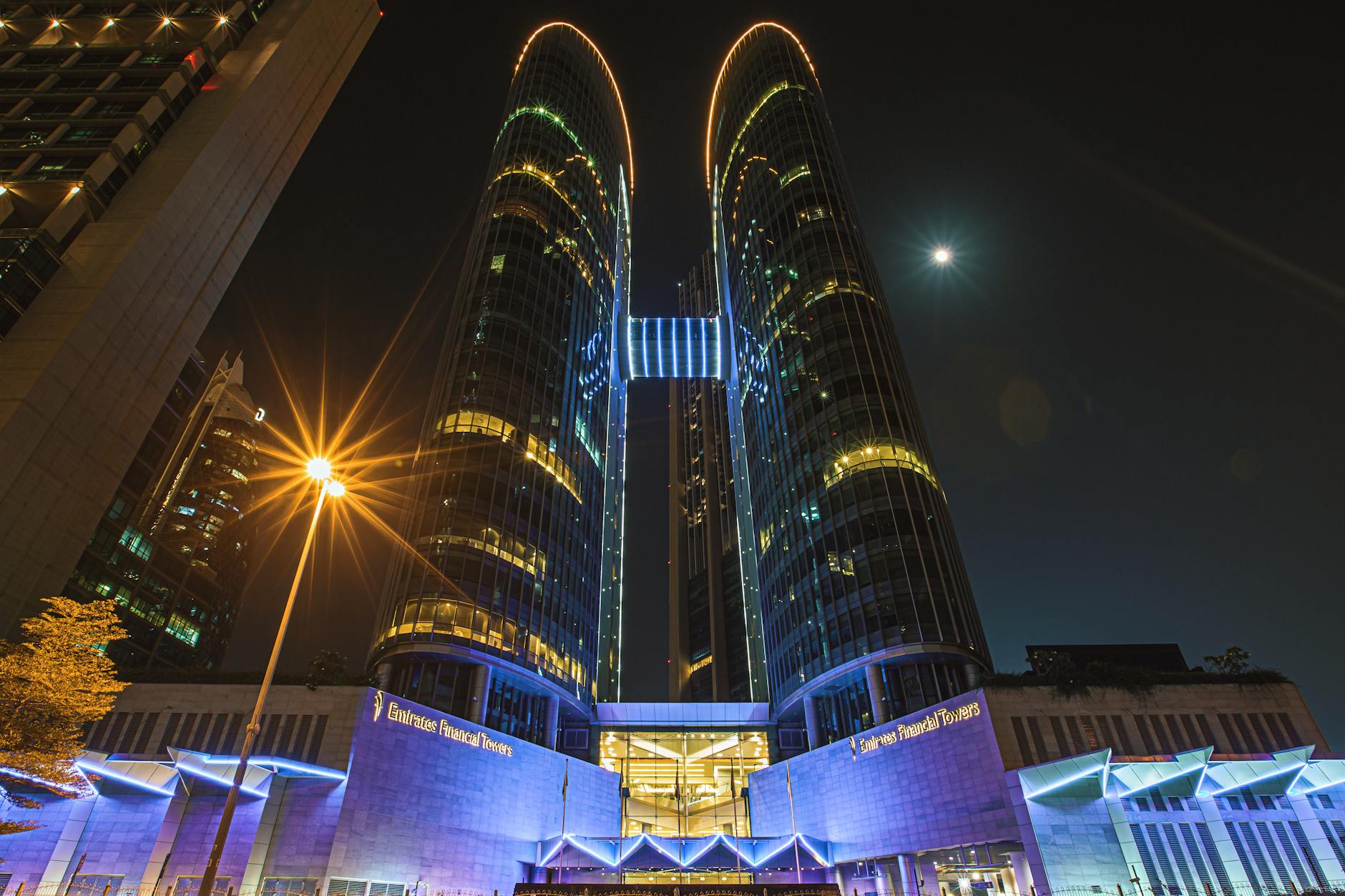 Dubai International Financial Centre skyscrapers at sunset